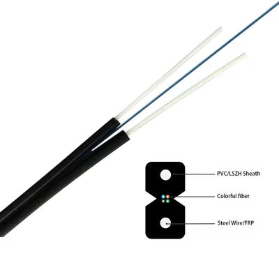 Wire baja hitam / putih atau FRP serat optik drop kabel FTTH datar GJXH dalam ruangan kabel kulit